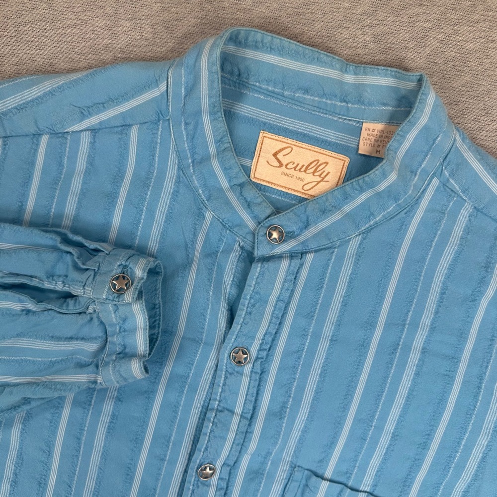Scully Western Shirt Mens M Blue Striped Banded Collar Star Buttons Cowboy Rodeo